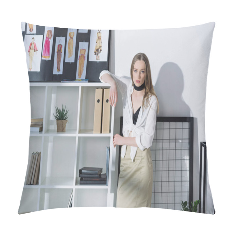 Personality  Stylish Fashion Designer Leaning On Bookshelves At Office Pillow Covers