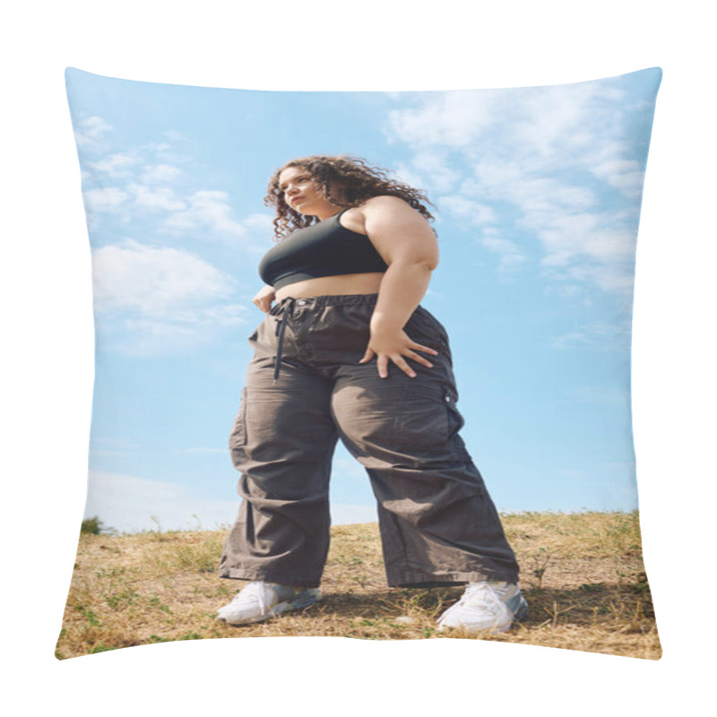 Personality  A Joyful Plus Size Woman Stands Tall In A Field, Embracing Nature Under A Bright Sky. Pillow Covers