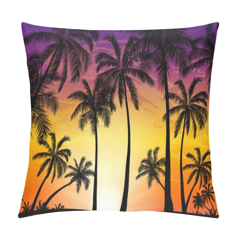 Personality  Card With Realistic Palm Trees Silhouette On Tropical Grunge Sunset Beach Background. Pillow Covers