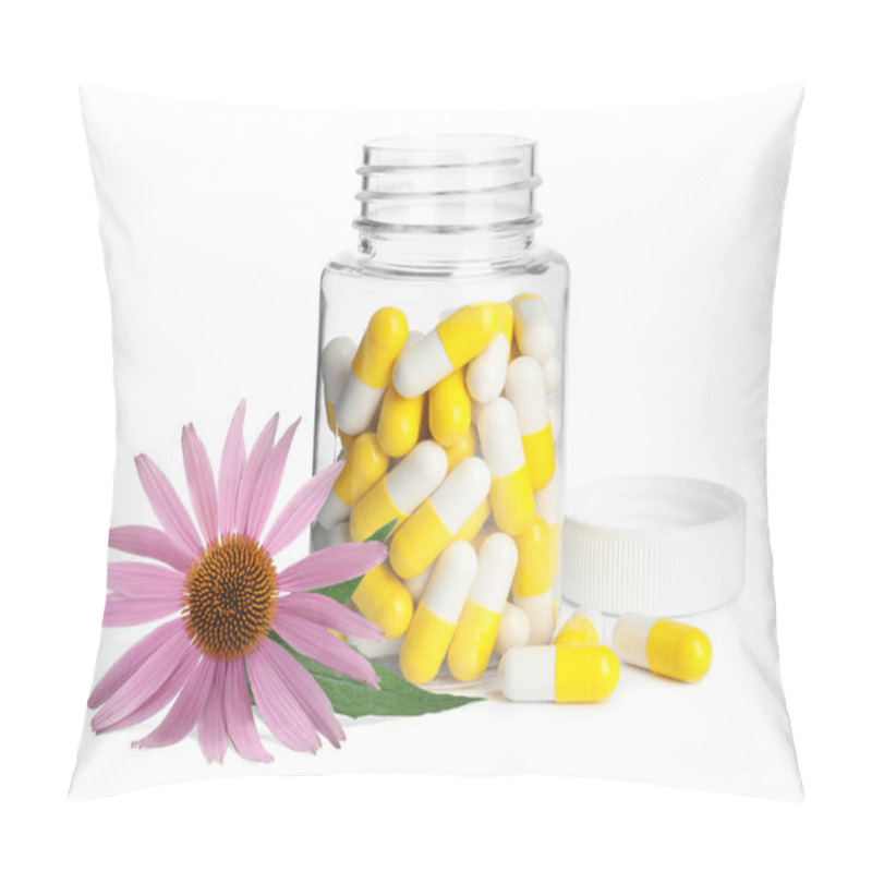 Personality  Bottle With Vitamin Pills And Beautiful Echinacea Flower On White Background Pillow Covers