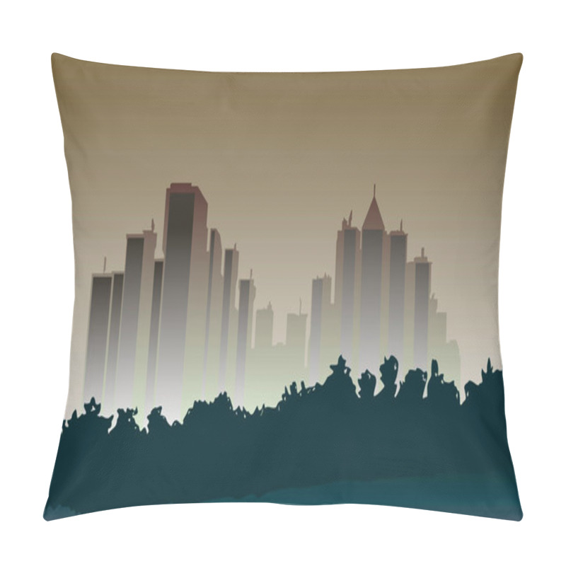 Personality  City Skyline Illustration. The Background Is A Gradient Of Light Brown And Beige With A Hint Of Blue At The Bottom. There Are Skyscrapers In The Center. Buildings Against The Sky, Creating A Sense Of Depth And Size. Pillow Covers