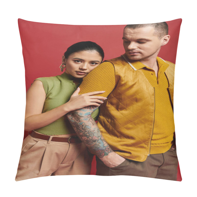 Personality  A Young Couple Embraces In A Studio, Dressed In Trendy Outfits For Valentines Day. Pillow Covers