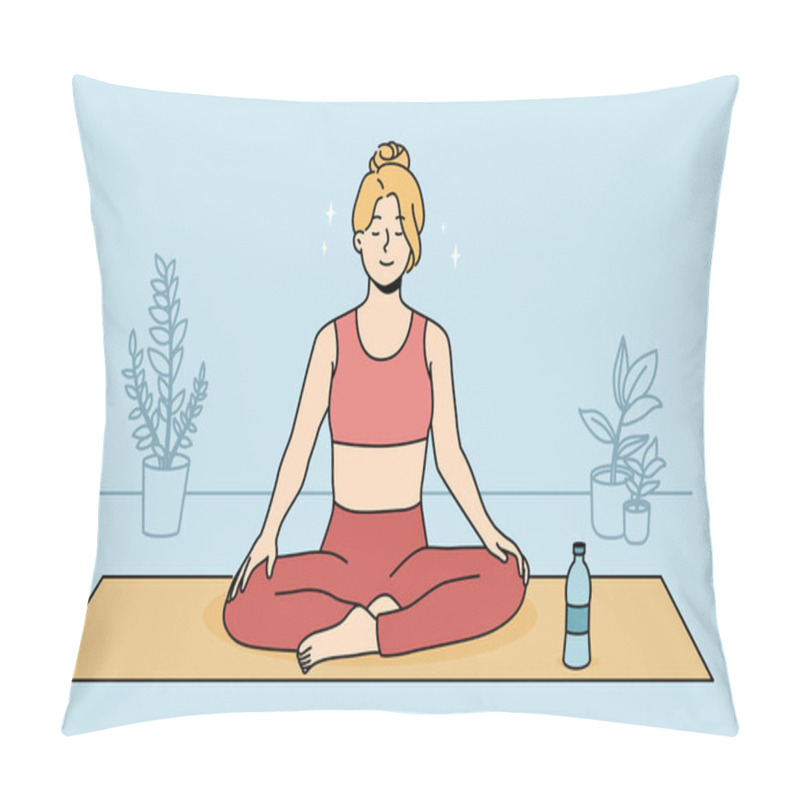 Personality  Calm Young Woman In Sportswear Sitting On Mat Practicing Yoga At Home. Smiling Relaxed Girl Meditating Indoors. Meditation And Stress Relief. Vector Illustration.  Pillow Covers