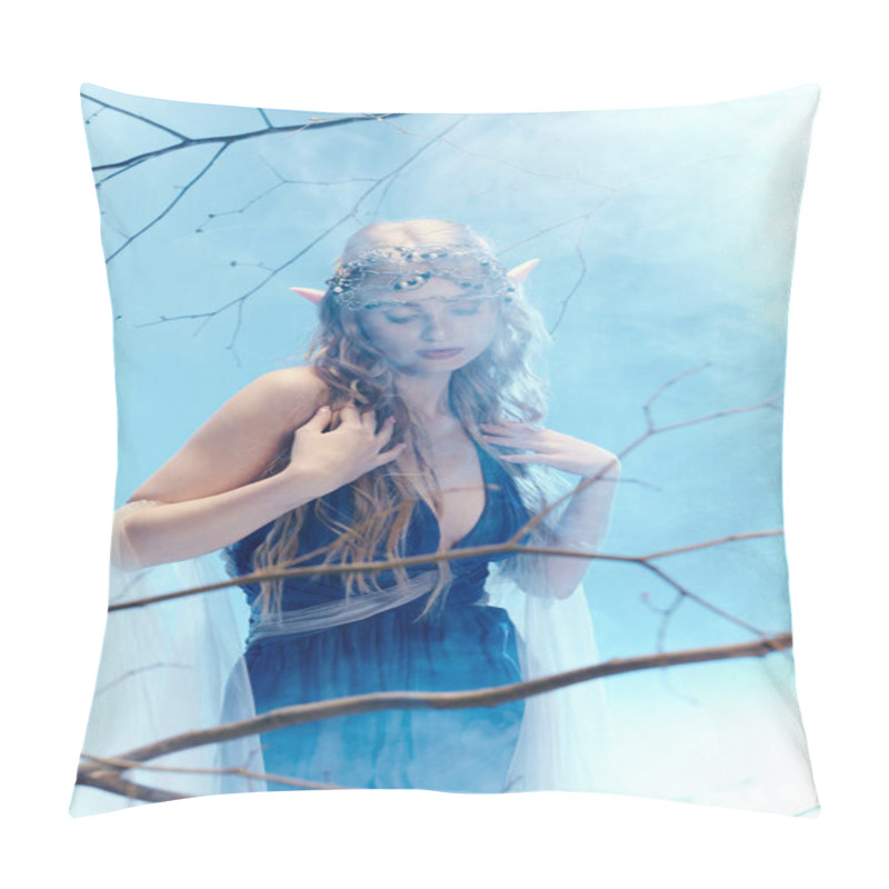 Personality  A Young Woman In A Flowing Blue Dress Stands Gracefully In Front Of A Majestic Tree, Embodying The Essence Of A Fairy Princess. Pillow Covers