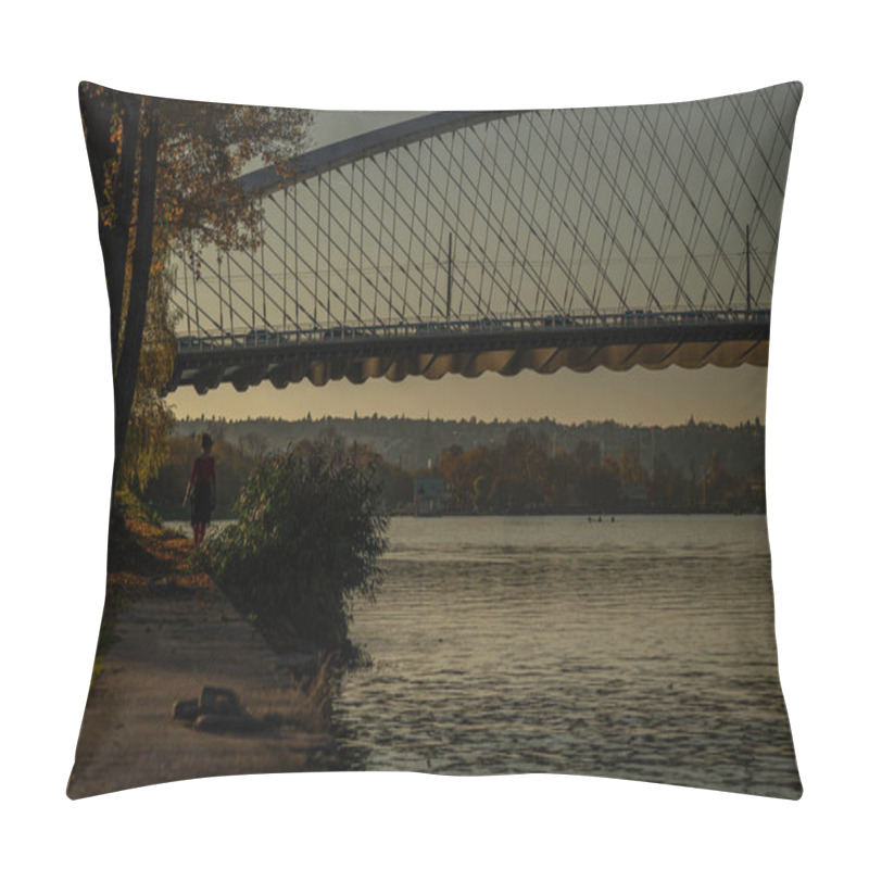 Personality  River Vltava Near Big Road Bridge In Autumn Evening In Prague CZ 11 01 2024 Pillow Covers