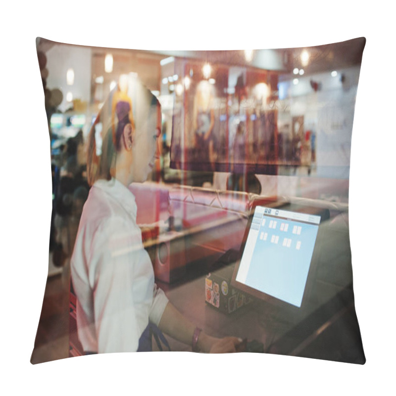 Personality  Waiter Girl Working With Pos Terminal Or Cashbox At Cafe. People Pillow Covers