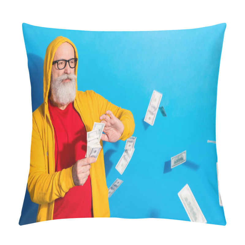 Personality  Photo Of Happy Positive Good Mood Grandfather Look Copyspace Throwing Money Isolated On Blue Color Background Pillow Covers