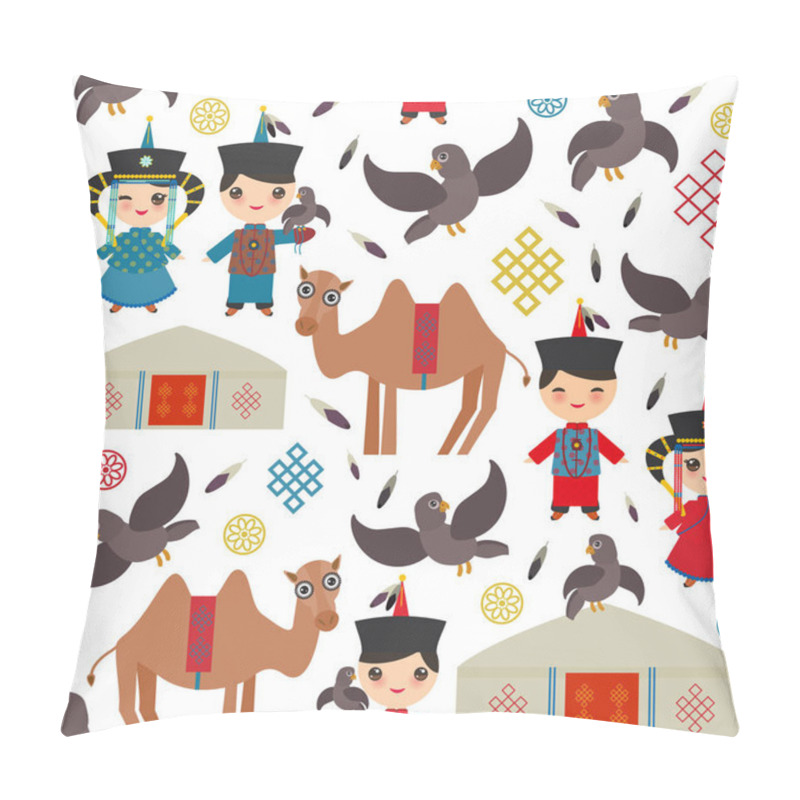 Personality  Seamless Pattern Mongolian Boy And Girl National Costume. Cartoon Children In Traditional Dress. Hunter, Hunting With An Eagle, Camel, Traditional Dwellings, Such As The Yurt And The Tent. Vector Illustration Pillow Covers