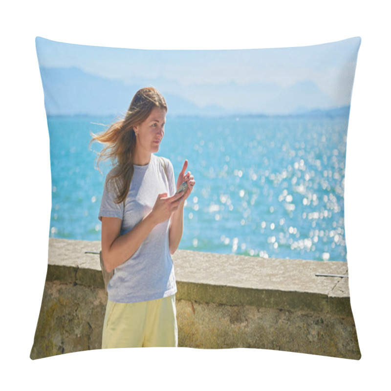 Personality  Woman Capturing Scenic Photos By A Sparkling Lake On A Sunny Day With Majestic Mountain Views. Idyllic Lakeside Setting Showcases Natural Beauty And Outdoor Adventure In A Serene European Landscape Pillow Covers