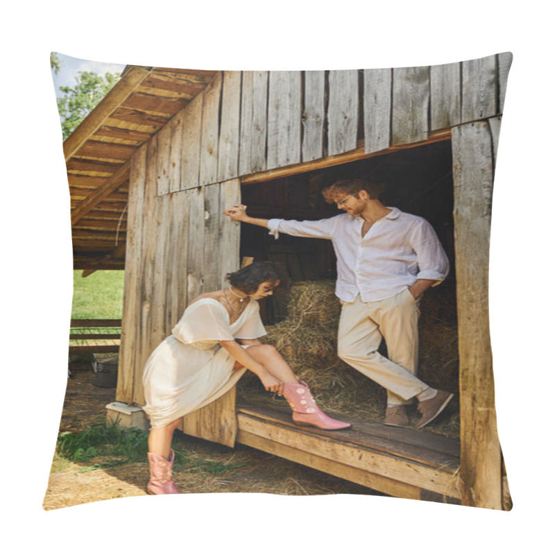 Personality  Stylish Asian Bride Wearing Pink Cowboy Boots Near Redhead Groom While Standing Near Wooden Barn Pillow Covers