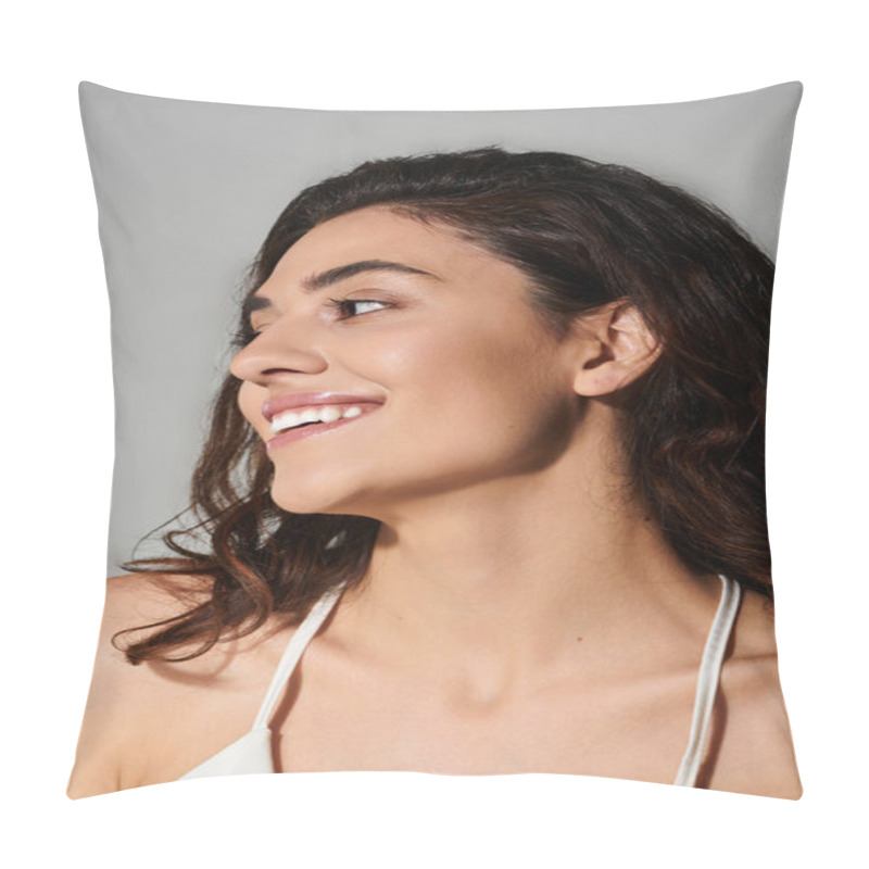 Personality  Woman With Long Hair Smiles Gently While Facing Sideways In A Softly Lit Room. Pillow Covers