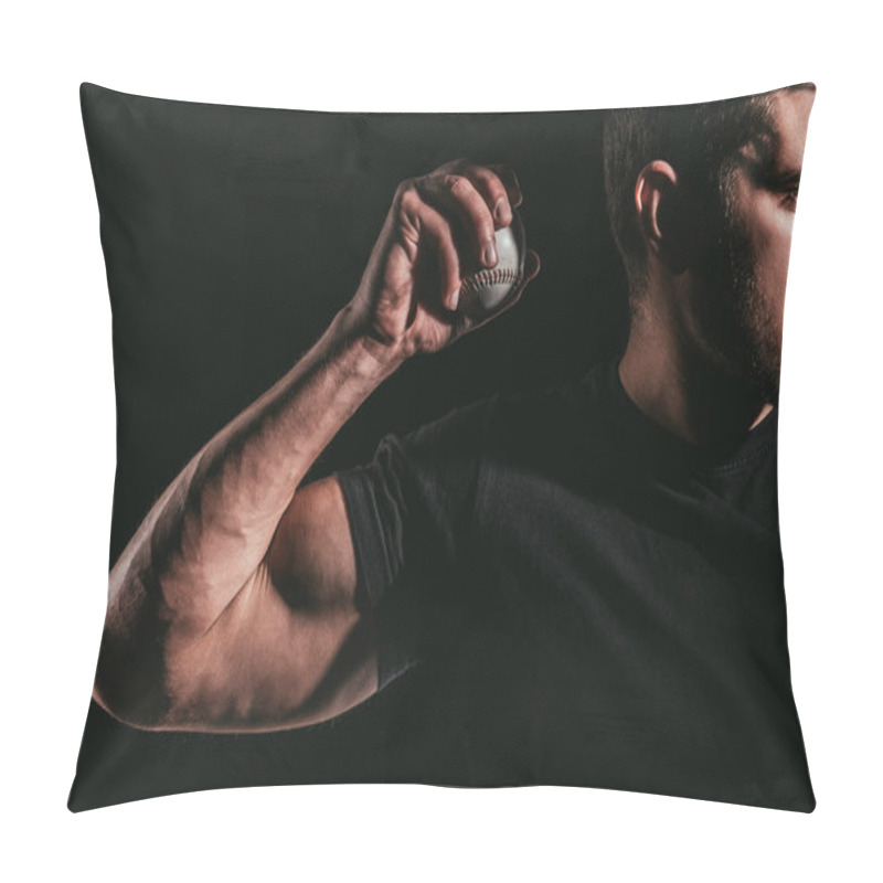 Personality  Cropped Shot Of Young Muscular Sportsman Holding Baseball Ball Isolated On Black Pillow Covers