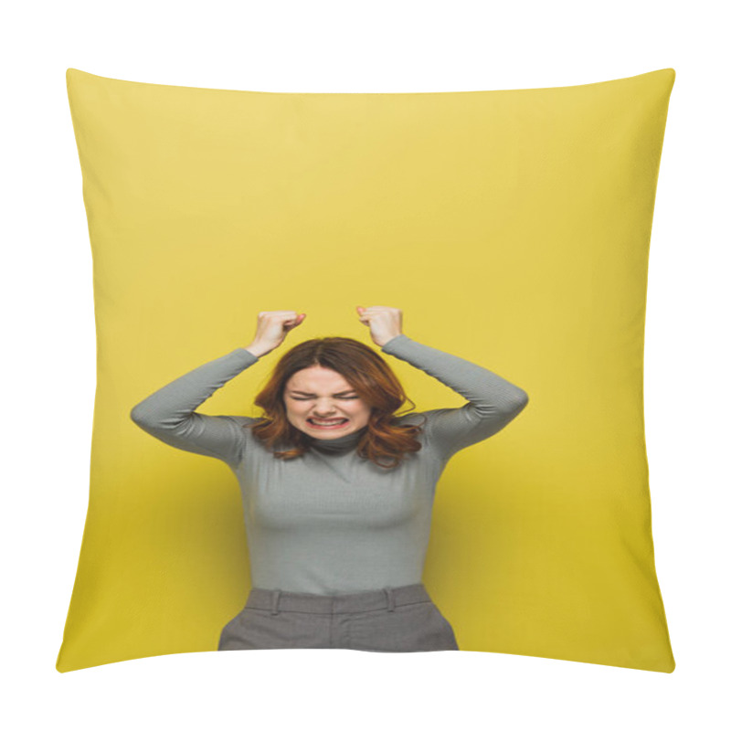 Personality  Irritated Woman With Wavy Hair And Closed Eyes Standing With Clenched Fists On Yellow  Pillow Covers