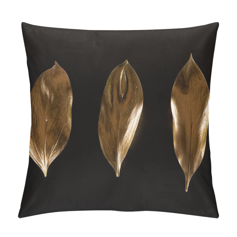 Personality  Top View Of Golden Metal Decorative Leaves Isolated On Black Pillow Covers