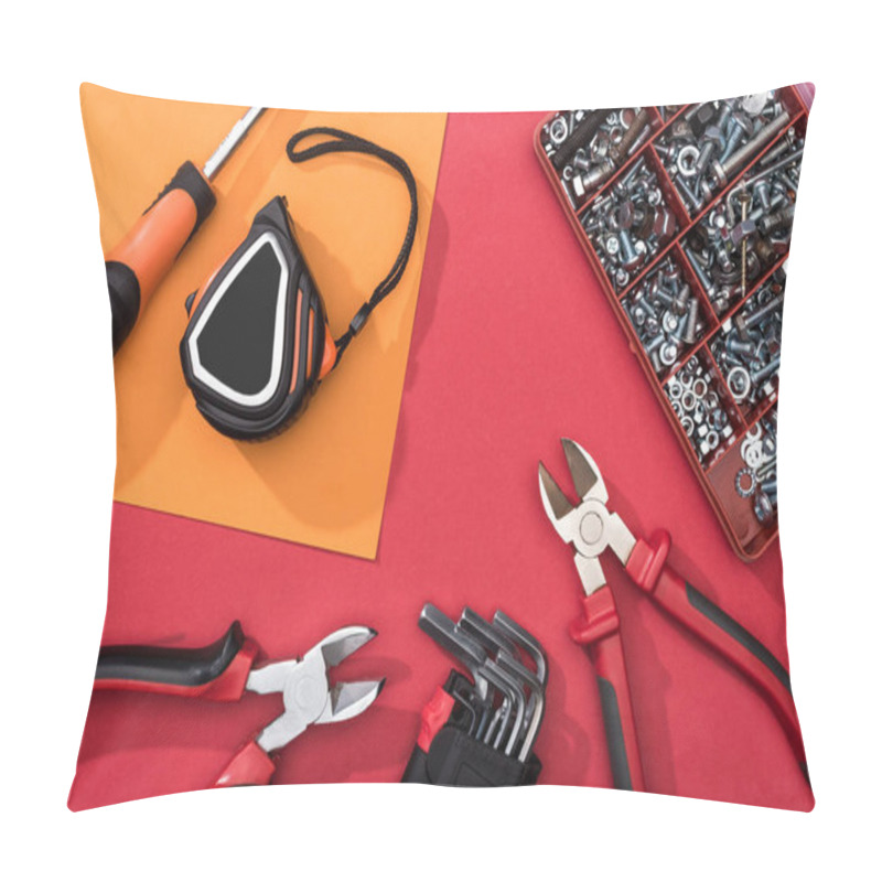 Personality  Top View Of Tool Box With Pliers And Hex Keys On Orange And Red Surface Pillow Covers