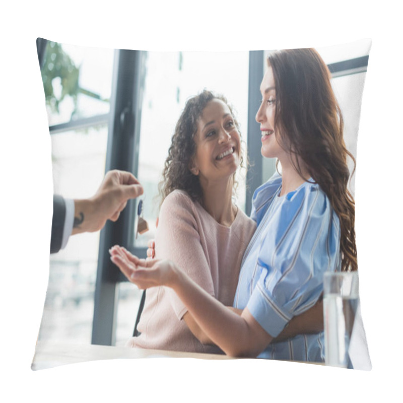 Personality  Broker Holding Key Near Happy Interracial Lesbians In Real Estate Agency Pillow Covers