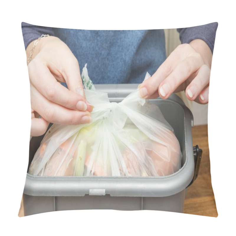 Personality  Tying A Plastic Bag Filled With Food Scraps In Waste Bin Pillow Covers