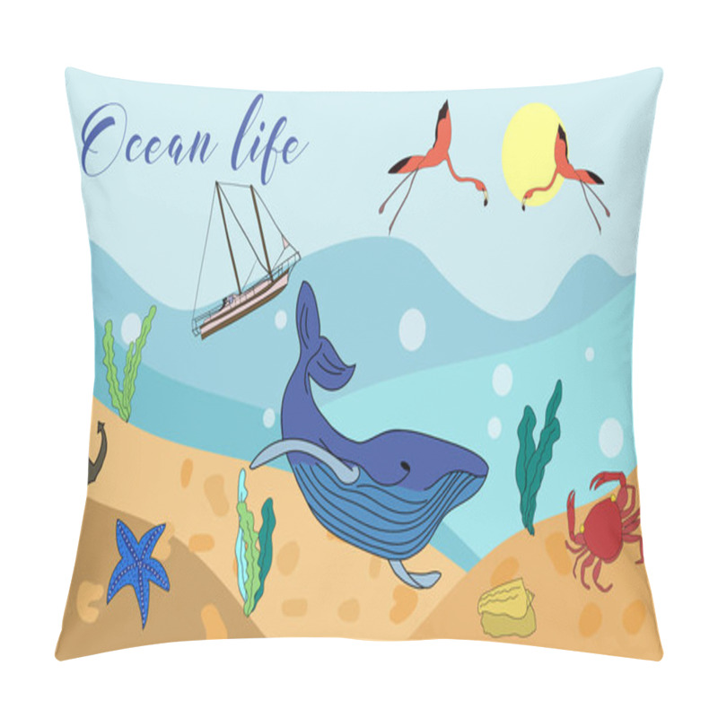 Personality  Vector Drawn Ocean Life Background With Hand Drawn Underwater Animals And Plants. Crab, Flamingos, Sea Star, Fish, Sea Shell, Jellyfish In Sketch Style. Pillow Covers