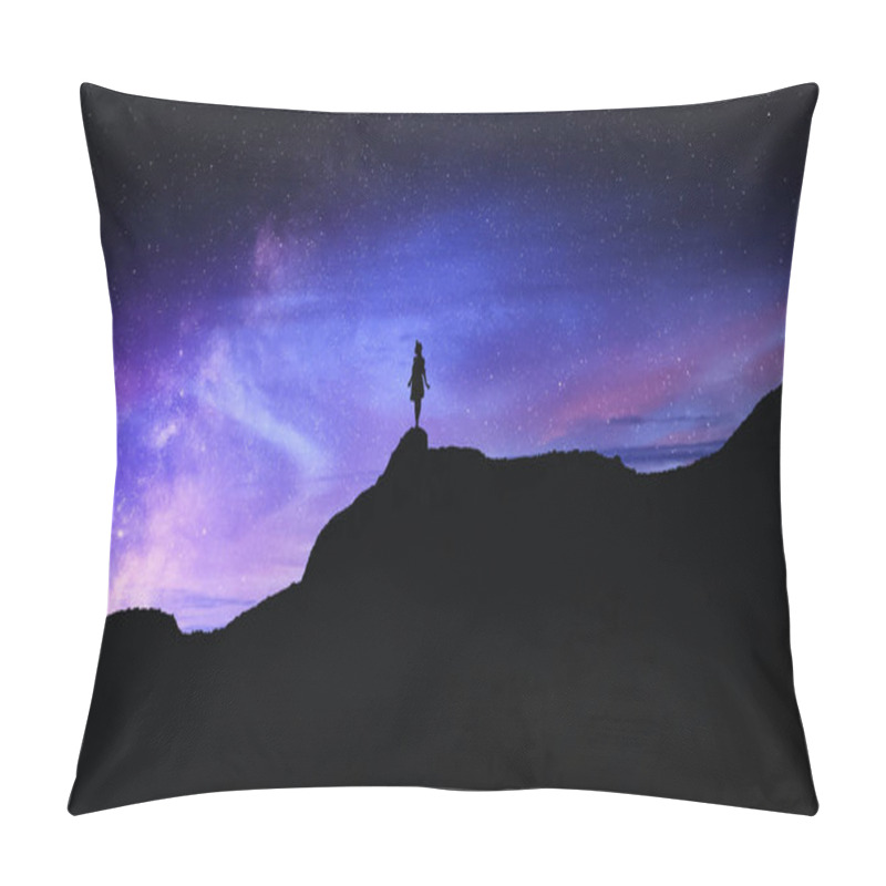 Personality  Silhouette Of Woman In Mountains Under Beautiful Starry Sky At Night Pillow Covers