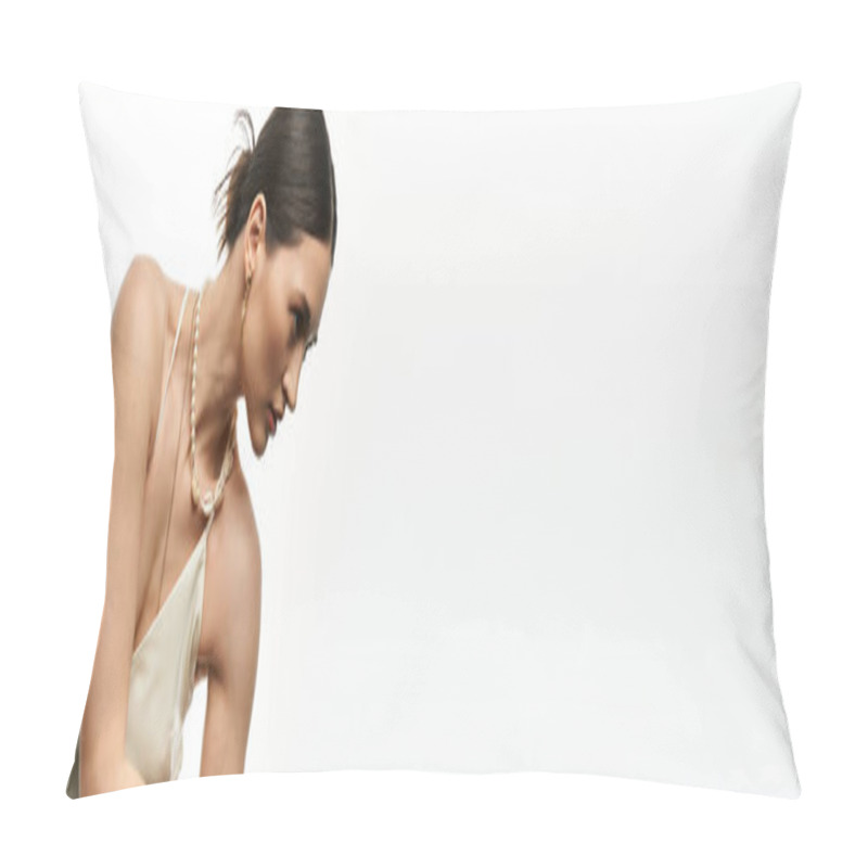 Personality  A Young Brunette Woman With Her Hair Pulled Back, Showcasing Her Elegant Jewelry Against A White Background. Pillow Covers