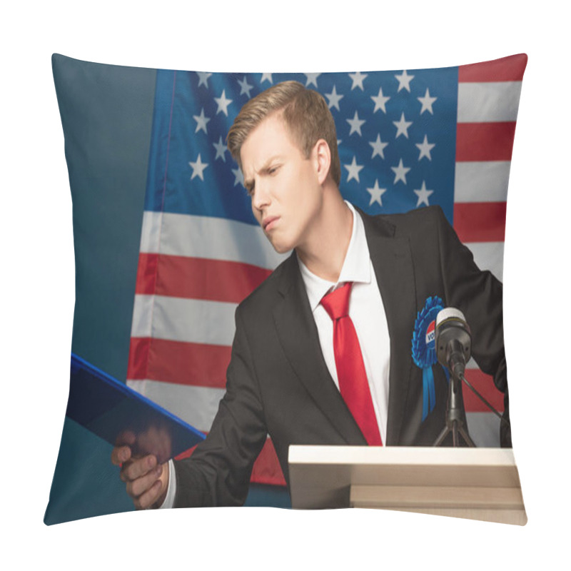 Personality  Displeased Man Holding Clipboard On Tribune On American Flag Background Pillow Covers