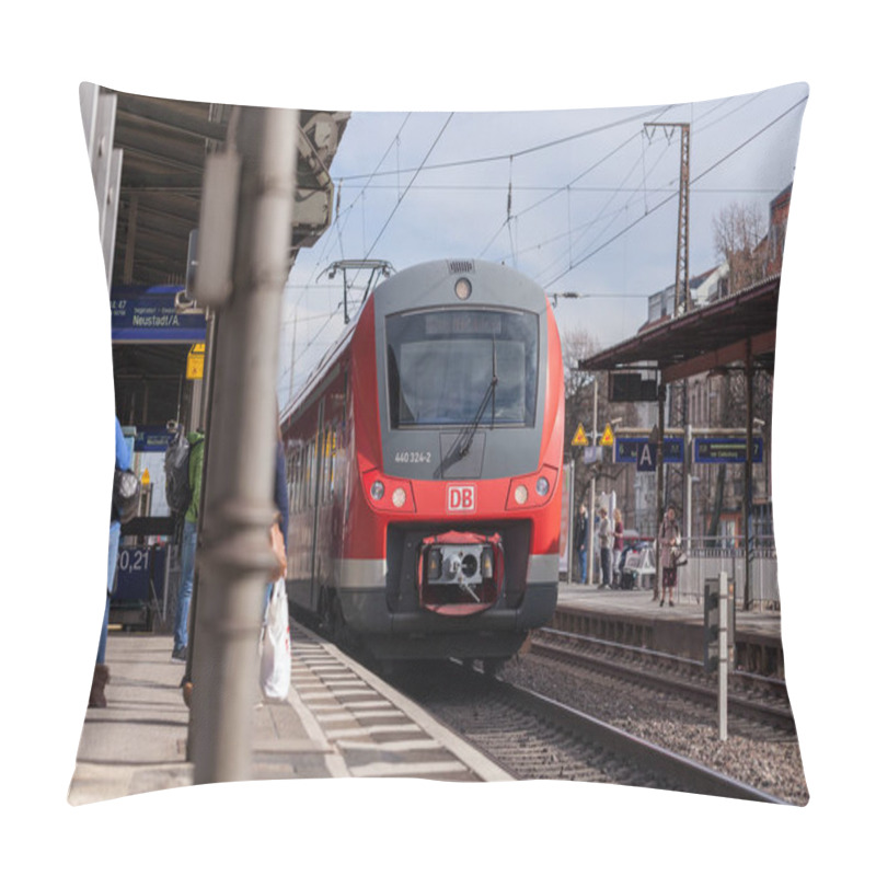 Personality  FUERTH / GERMANY - MARCH 11, 2018: RE Regional Express Train From Deutsche Bahn Passes Train Station Fuerth In Germany. Pillow Covers