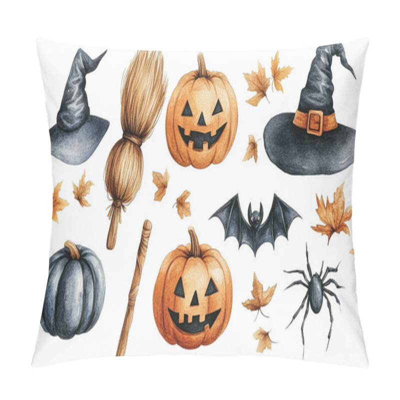 Personality  A Set Of Pumpkins, Witch Broom, Hat, Bat, Spider For Halloween, Hand Painted In Watercolor. Illustration For The Design Of Postcards, Banners For Halloween. Scary With Isolated On A White Background. Pillow Covers