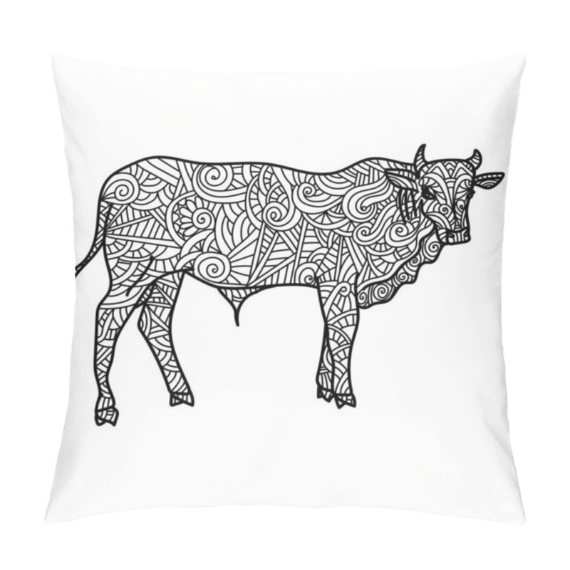 Personality  Symbol Of The Year Of The Ox On The Eastern Calendar, New Year, Anti-stress Coloring Page With Animal And Ornate Zen Patterns, Vector Outline Illustration For Creativity Pillow Covers