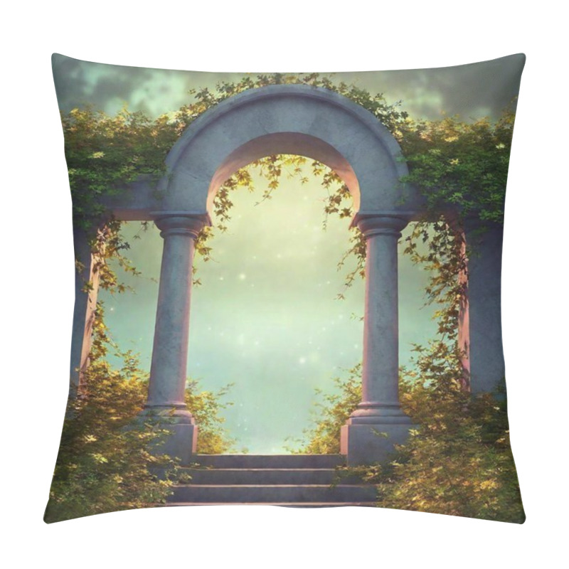 Personality  A High-resolution Digital Artwork Depicting An Enchanting Ancient Stone Archway Surrounded By Vibrant Greenery And Golden Flowers. The Focus Is On Two Grand, Intricately Carved Pillars Supporting The Arch, Draped With Creeping Vines. The Scene Is Pillow Covers