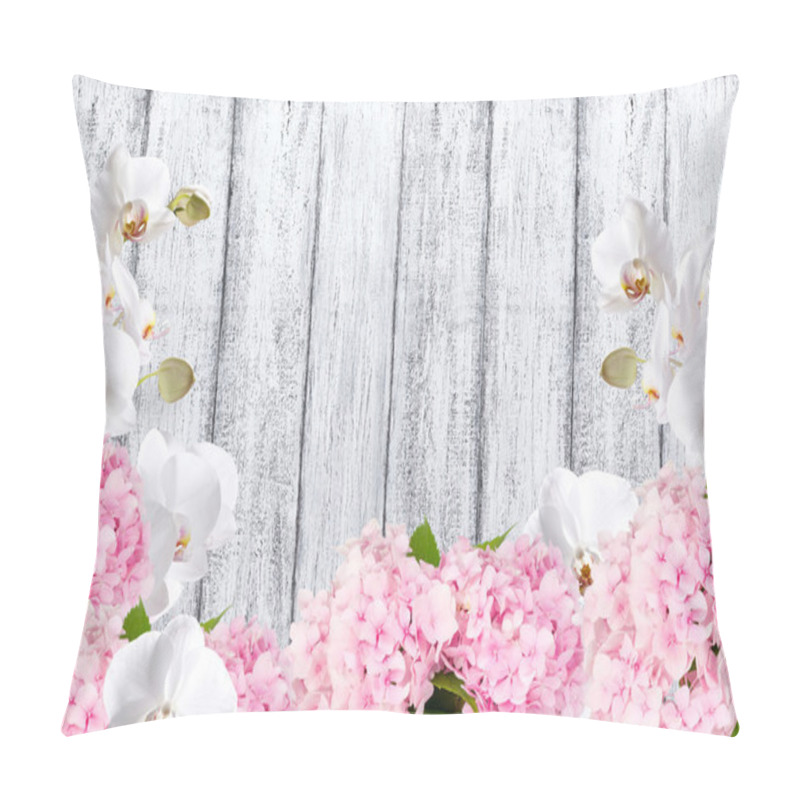 Personality  Hortensia With Orchid On Background Of Shabby Wooden Planks Pillow Covers