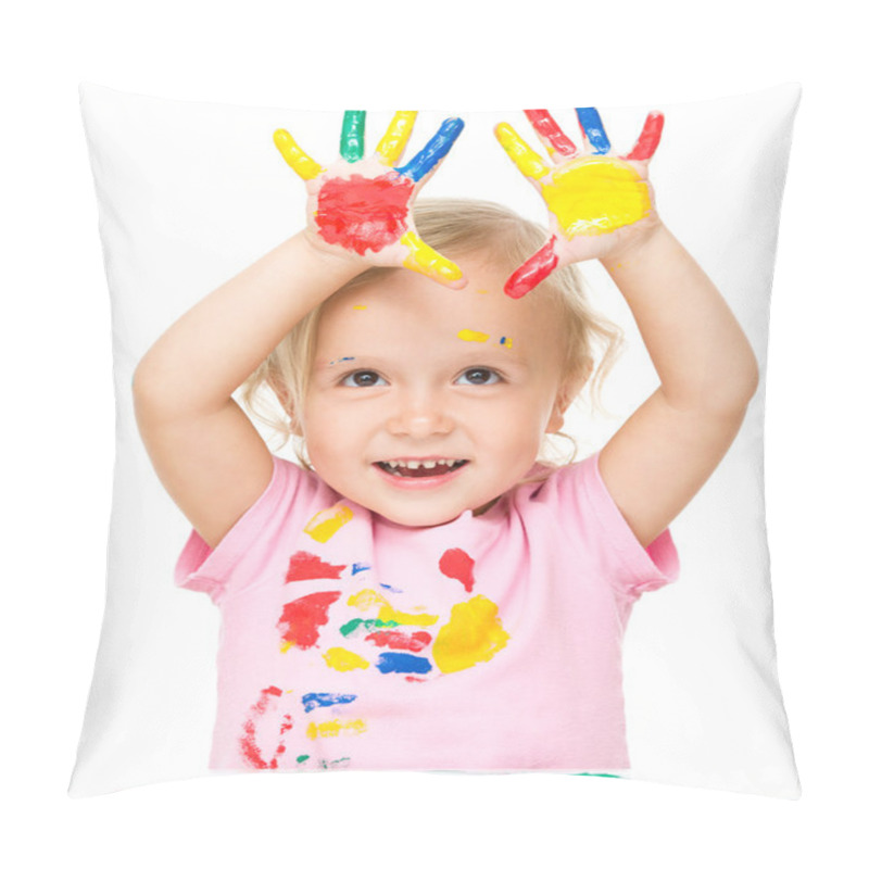 Personality  Portrait Of A Cute Little Girl Playing With Paints Pillow Covers