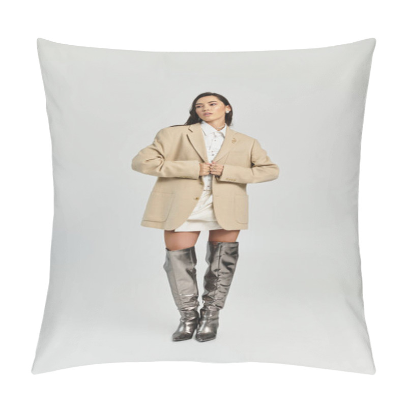 Personality  A Young Woman Stands Confidently, Modeling A Stylish Oversized Blazer And Knee High Metallic Boots. Pillow Covers