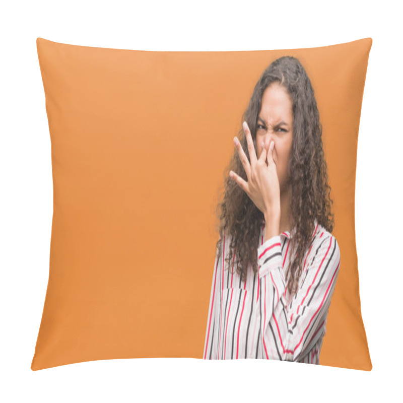 Personality  Beautiful Young Hispanic Woman Smelling Something Stinky And Disgusting, Intolerable Smell, Holding Breath With Fingers On Nose. Bad Smells Concept. Pillow Covers