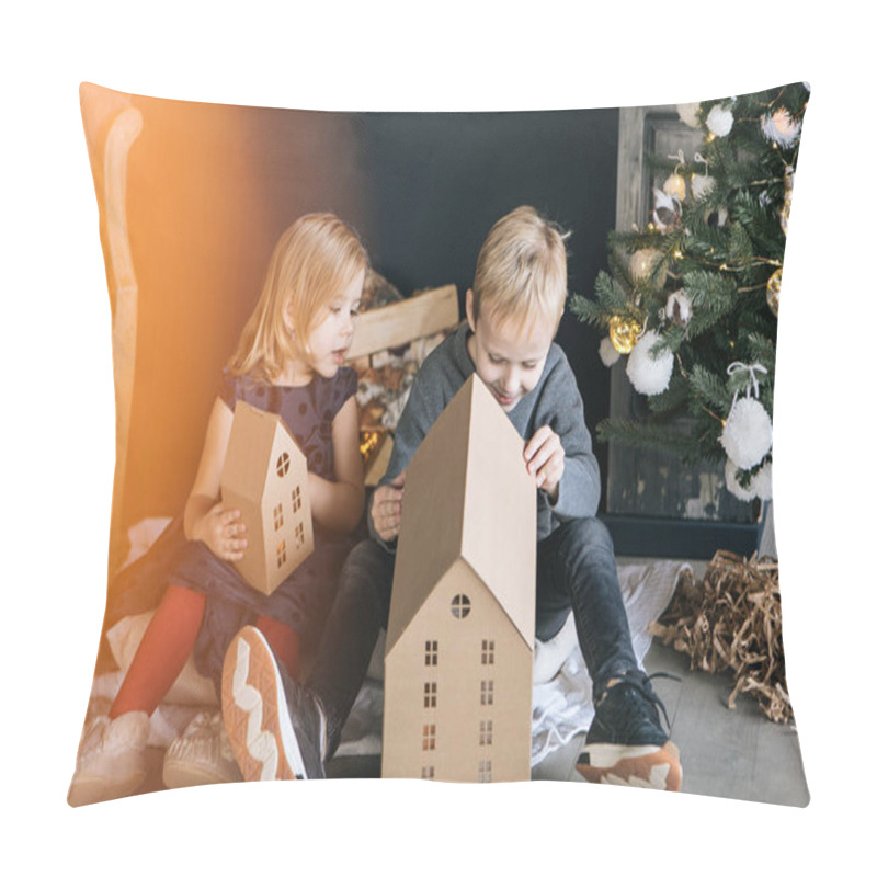 Personality  Children - A Boy And A Girl Are Sitting By The Fireplace, A New Year Tree, Playing With Cardboard Houses, A Cozy Christmas Decor And Children's Emotions Pillow Covers