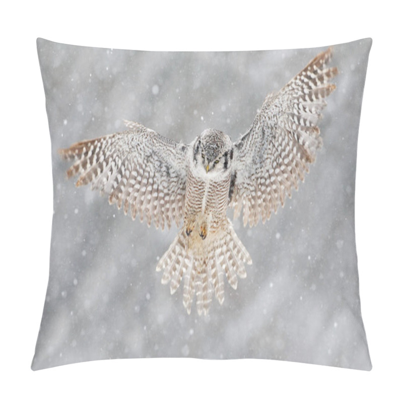 Personality  Hawk Owl In Winter Forest Pillow Covers