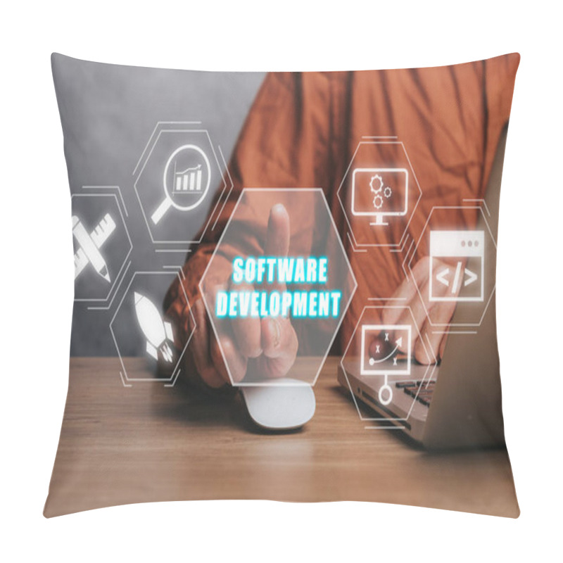 Personality  Software Development Concept, Person Working On Laptop Computer With Software Development Icon On Virtual Screen. Pillow Covers