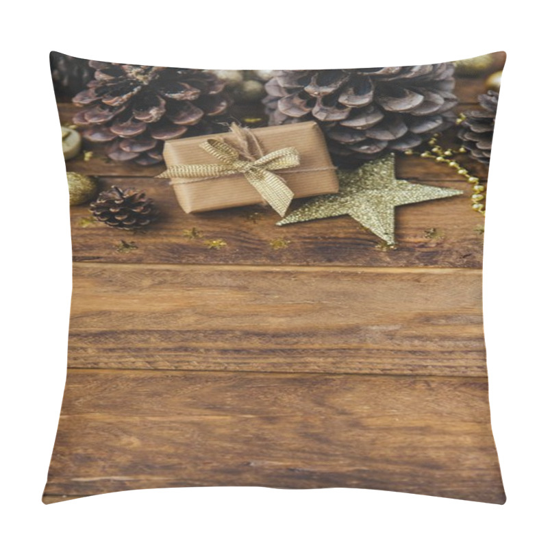 Personality  Christmas Background With Pine Cones And Gift Box On Wooden Table. Pillow Covers