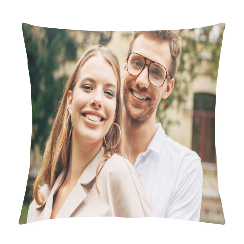 Personality  Close-up Portrait Of Smiling Young Couple In Stylish Clothes Looking At Camera Pillow Covers