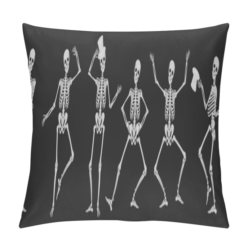 Personality  Dancing Human Bones Skeletons. Different Skeleton Poses Set Isolated On Black Dark Background Vector Illustration. Pillow Covers