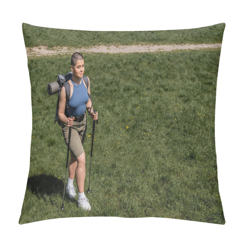 Personality  High Angle View Of Smiling Young Short Haired Female Hiker With Backpack Holding Trekking Poles And Walking On Grassy Lawn At Background, Solo Hiking Journey Concept, Summer Pillow Covers