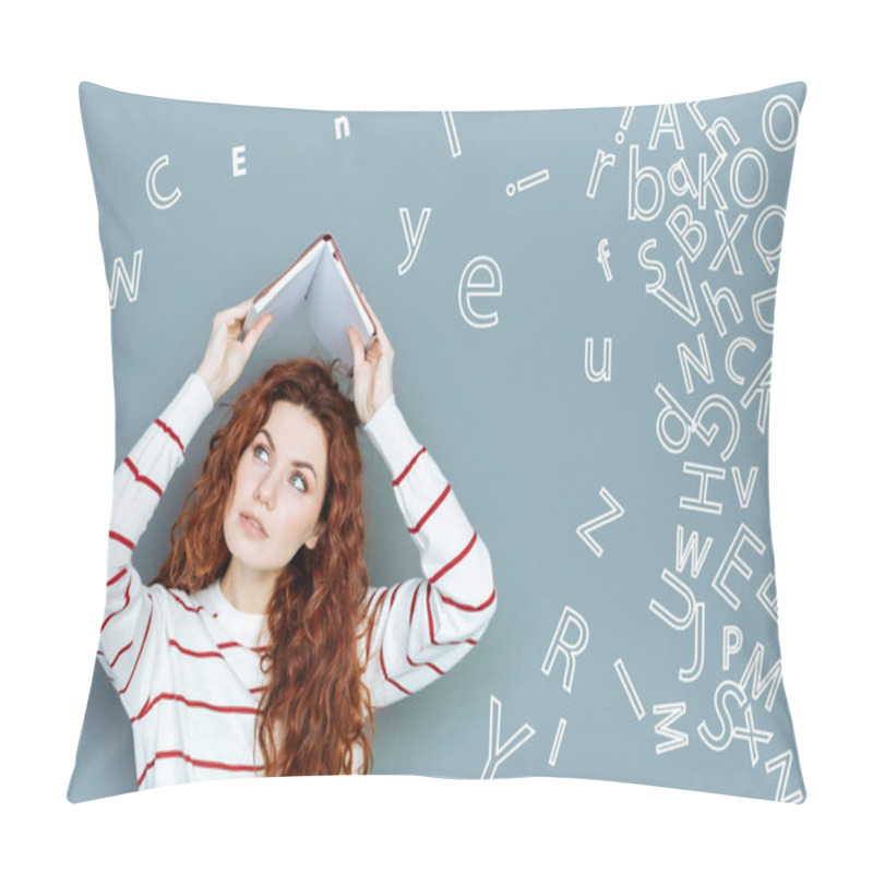 Personality  Serious Student Holding A Notebook And Looking Tired Of Learning Languages Pillow Covers