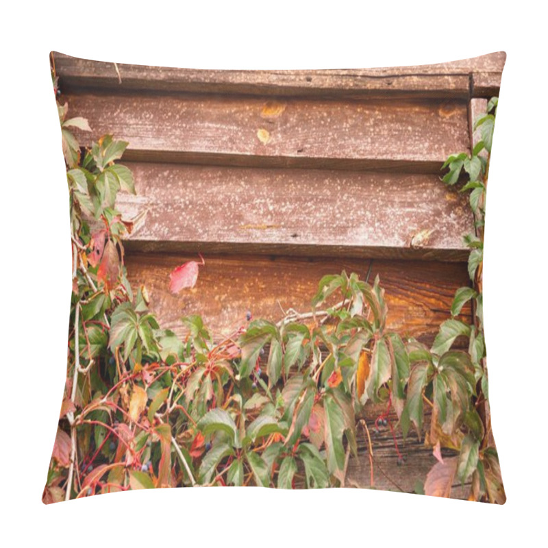 Personality  Rustic Wooden Wall With Red Autumn Leaves And Blue Berries Pillow Covers