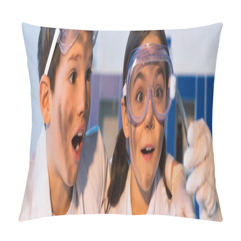 Personality  Surprised Kids With Dirty Faces Looking At Blurred Tweezers With Litmus Test, Banner Pillow Covers