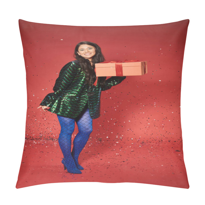 Personality  Merry Christmas, Cheerful Asian Woman In Green Jacket With Sequins Holding Present, Festive Confetti Pillow Covers