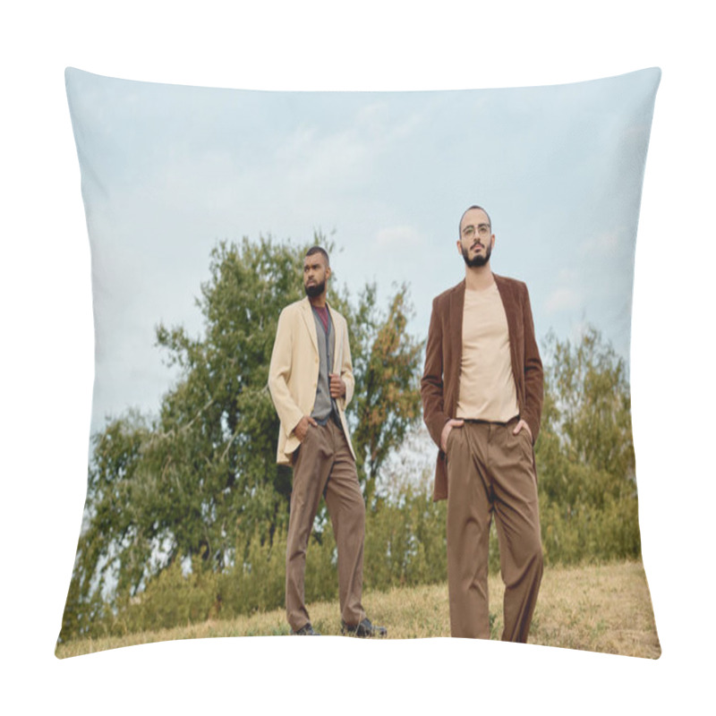 Personality  Handsome Men Showcase Trendy Autumn Attire While Posing Amidst Nature's Vibrant Hues. Pillow Covers