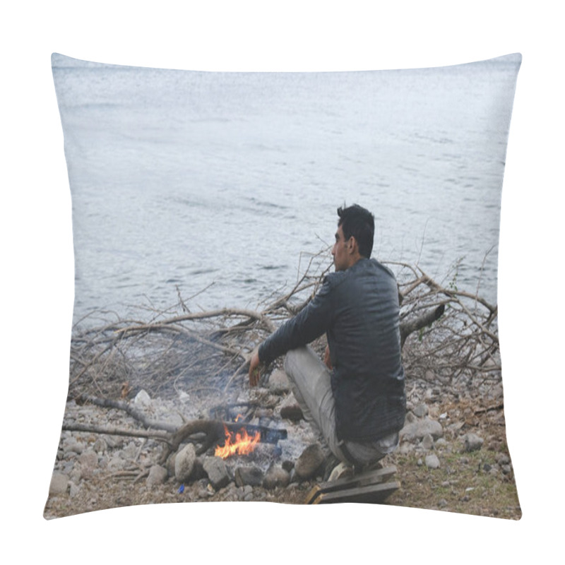 Personality  Migrants Warm Themselves Next To A Bonfire Near The Village Of Skala Sikamineas, Greece, March 4, 2020. Pillow Covers