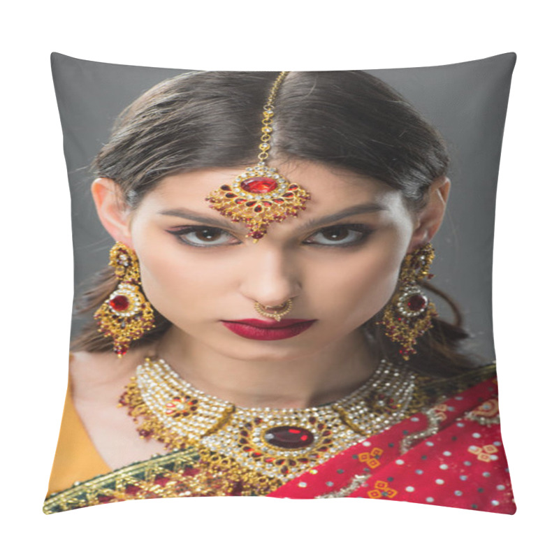 Personality  Attractive Indian Girl Posing In Traditional Sari And Accessories, Isolated On Grey  Pillow Covers