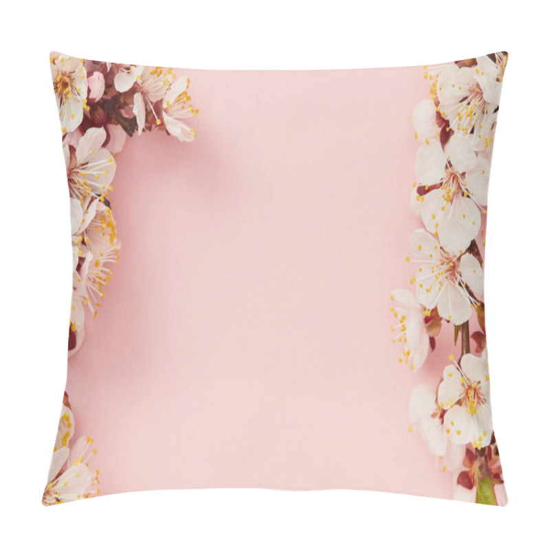 Personality  Top View Of Tree Branches With Blooming Spring Flowers On Pink Background Pillow Covers