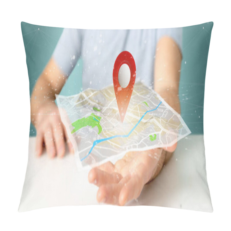 Personality  Man Holding A 3d Rendering Pin Holder On A Map Pillow Covers