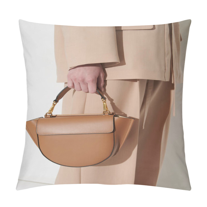 Personality  Brown Leather Handbag In Girl's Hand. Person With Luxury Bag In Beige Classic Suit. Vertical Photo. Pillow Covers